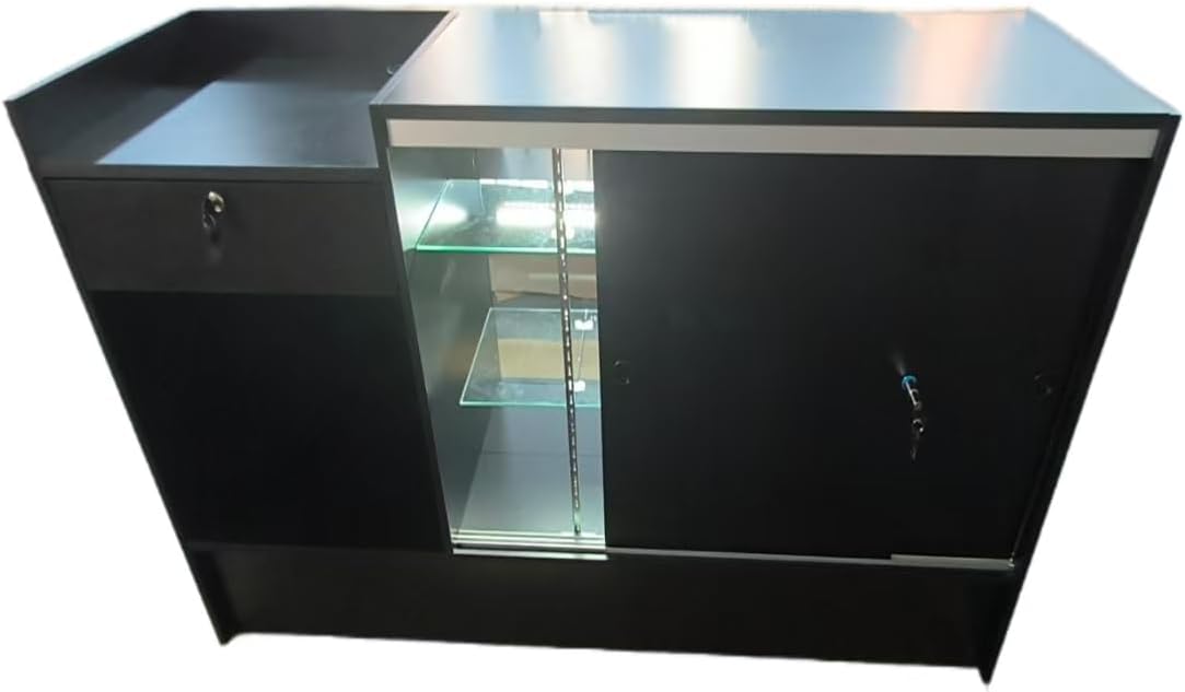 Only Hangers Register Stand with Counter Space and Retail Glass Showcase Display - with LED Lights - 72" (Black)