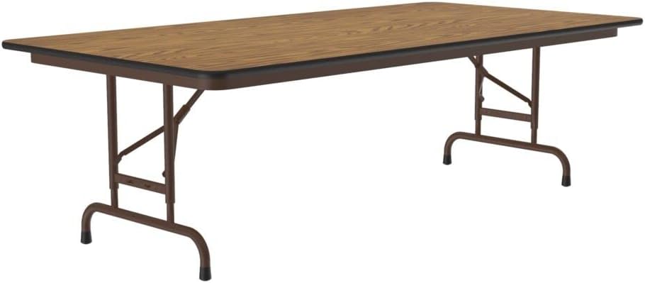 Correll Heavy Duty Adjustable Height Utility Folding Table, Melamine Top, USA Made, Strong Steel Apron, 30"x72", Medium Oak Top Brown Edge