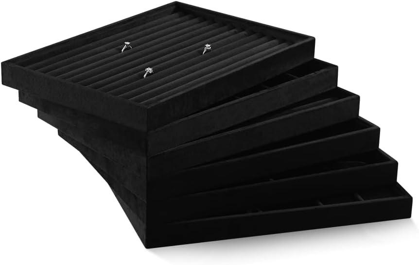 Velvet Ring Display Tray, Stackable Muilt Slot Rings Ear Stud Storage Tray, Drawer Insert Jewelry Accessories Organizers Plate (Black)