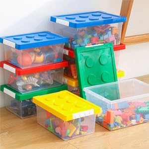 loobuu Plastic Storage Bins with Lids - Stackable Toy Storage Organizer Box Set of 2, Toy Chests with Compatible Building Baseplate and Lid, Storage Container for Building Bricks - Yellow+Blue