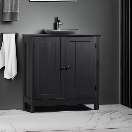 HOMCOM Under Sink Bathroom Cabinet with 2 Doors and Shelf, Pedestal Sink Bathroom Vanity Cabinet, Black