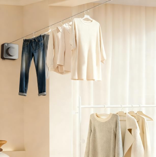 Retractable Clothesline 15.75-Foot Heavy-Duty Clothesline Wall-Mounted Anti-Sag Design for Indoor and Outdoor Use