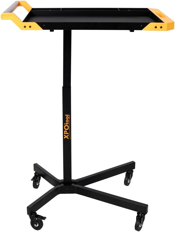 Adjustable Height Mobile Work Table, Rolling Work Bench with Tool Tray and 4 Casters, Portable Rolling Tool Cart for Garage Workshop Repair Shop DIY, 34 to 48 Inch Height Range Stable Luxebough