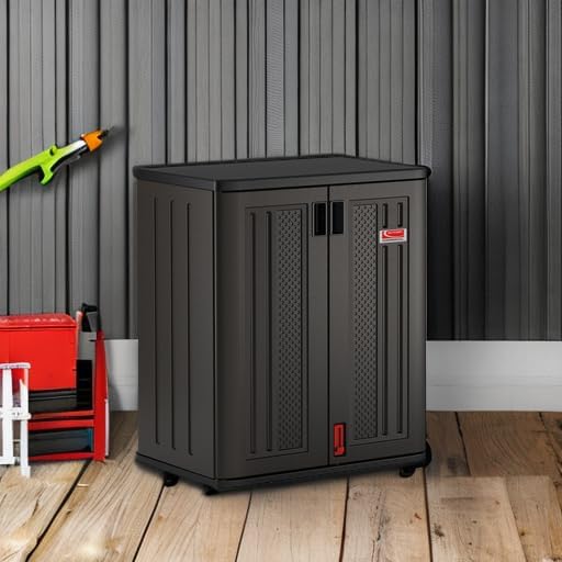 Suncast Heavy-Duty Resin Outdoor Storage Cabinet, 30" W x 20.25" D x 36" H Dark Grey Base Garage Storage Cabinet with Lockable Doors and Metal Reinforced Shelves, Made in The USA