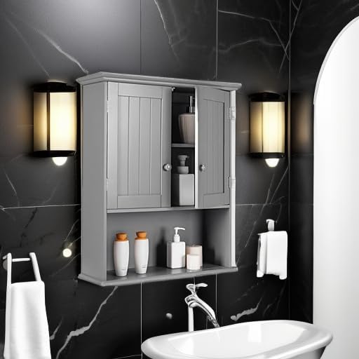 Tangkula Wall Mount Bathroom Cabinet Wooden Medicine Cabinet Storage Organizer with 2-Doors and 1-Shelf Cottage Collection Wall Cabinet (Grey)