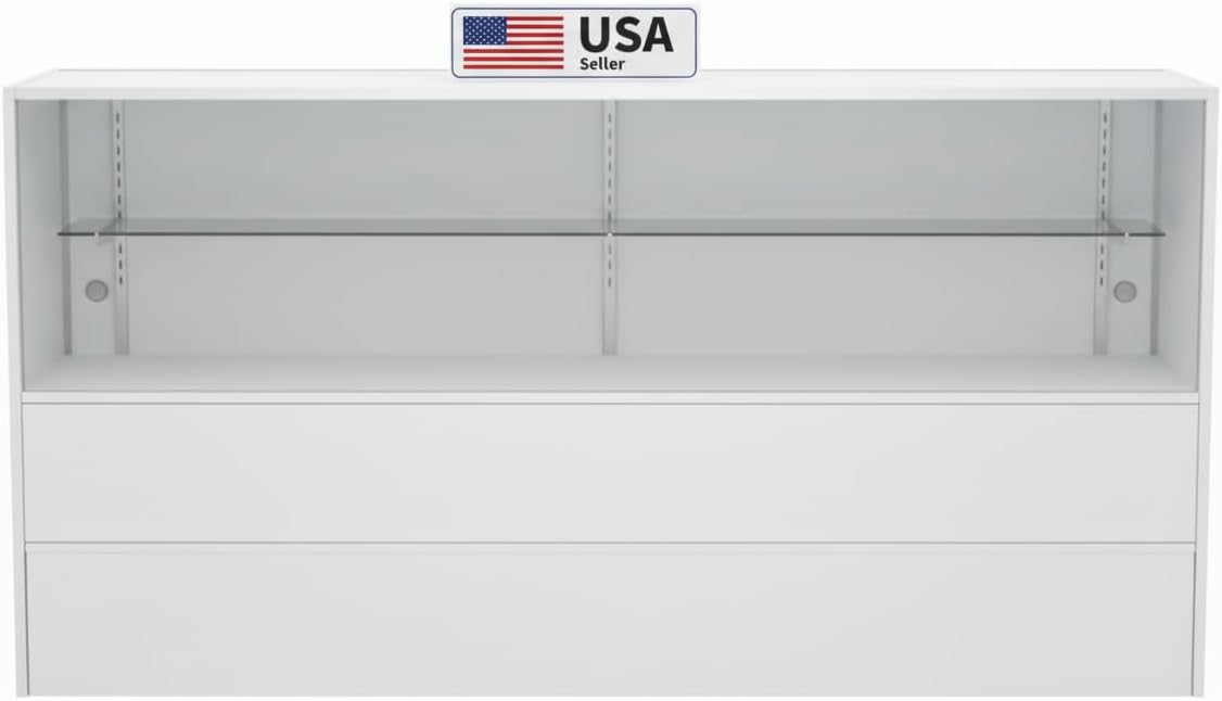 WISDOMFUR 5ft White Display Showcase Cabinet with LED Lighting – Half Vision Retail Glass Display Case, 60" x 18" x 38", Sliding Locking Doors & Storage Shelves
