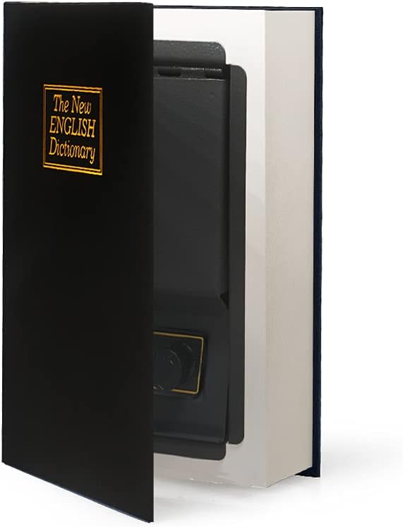 Leather Book Safe (Size 10.79"×7.72"×1.97") Real Paper Secret for Jewelry, Money and Cash, Diversion Book Safe,Hollow with Hidden, Combination Lock (L, Black-Combination)