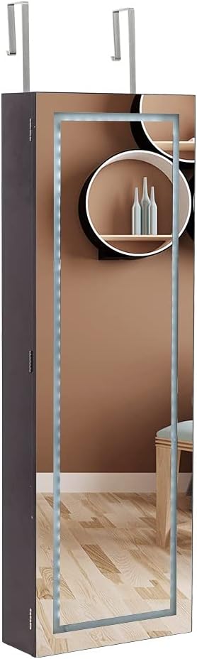 Wall Mounted Jewelry Cabinet with LED Light & Mirror - 4-Layer Storage, Dark Brown Organizer for Necklaces, Earrings & Accessories - Space-Saving Elegant Display Solution