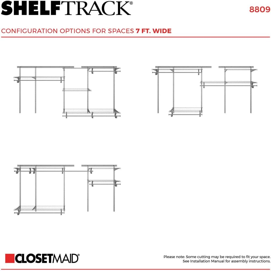 ClosetMaid ShelfTrack Wire Closet Organizer System, Adjustable from 5 to 8 Ft., With Shelves, Clothes Rods, Hardware, Durable Steel, Satin Chrome