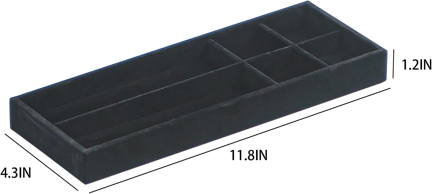2Pcs Desk Drawer Storage Tray, Nightstand Organizer Tray, Necklace Bracelet Ring Earring Jewelry Display Tray, Grid Table Organizer Holder Tray for Sunglass, Phone, Watch, Perfume (6 grid)/Black