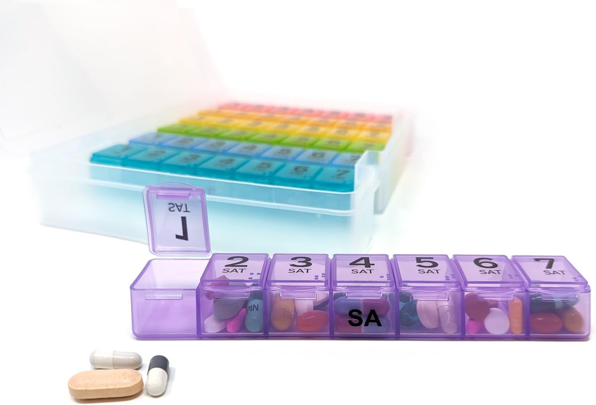 7 Times a Day Weekly Pill Box Organizer Case, Secure 7X Pillbox with Medication Schedule, Includes Premium Lifetime Subscription to Medisafe App (7 Time-a-Day)