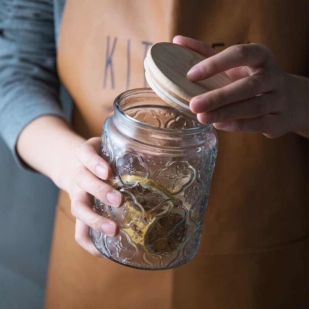 ANSQU Vintage Glass Jars Set Canister Airtight Storage Jar Container with Bamboo Wooden Lids for Kitchen Counter, Pantry, Coffee, Tea, Sugar, Cute Jar, 2 Pack 23.7 FL OZ (Begonia & Sunflower)