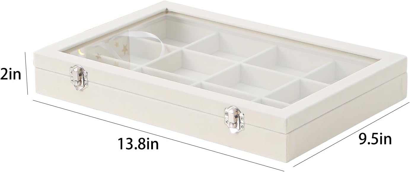 Coward Jewelry Organizer Box, Beige Velvet 12 Grids Bracelet Bangle Necklace Jewelry Display Tray Case with Transparent Glass Lid for Home Drawer Desk or Store Selling Show