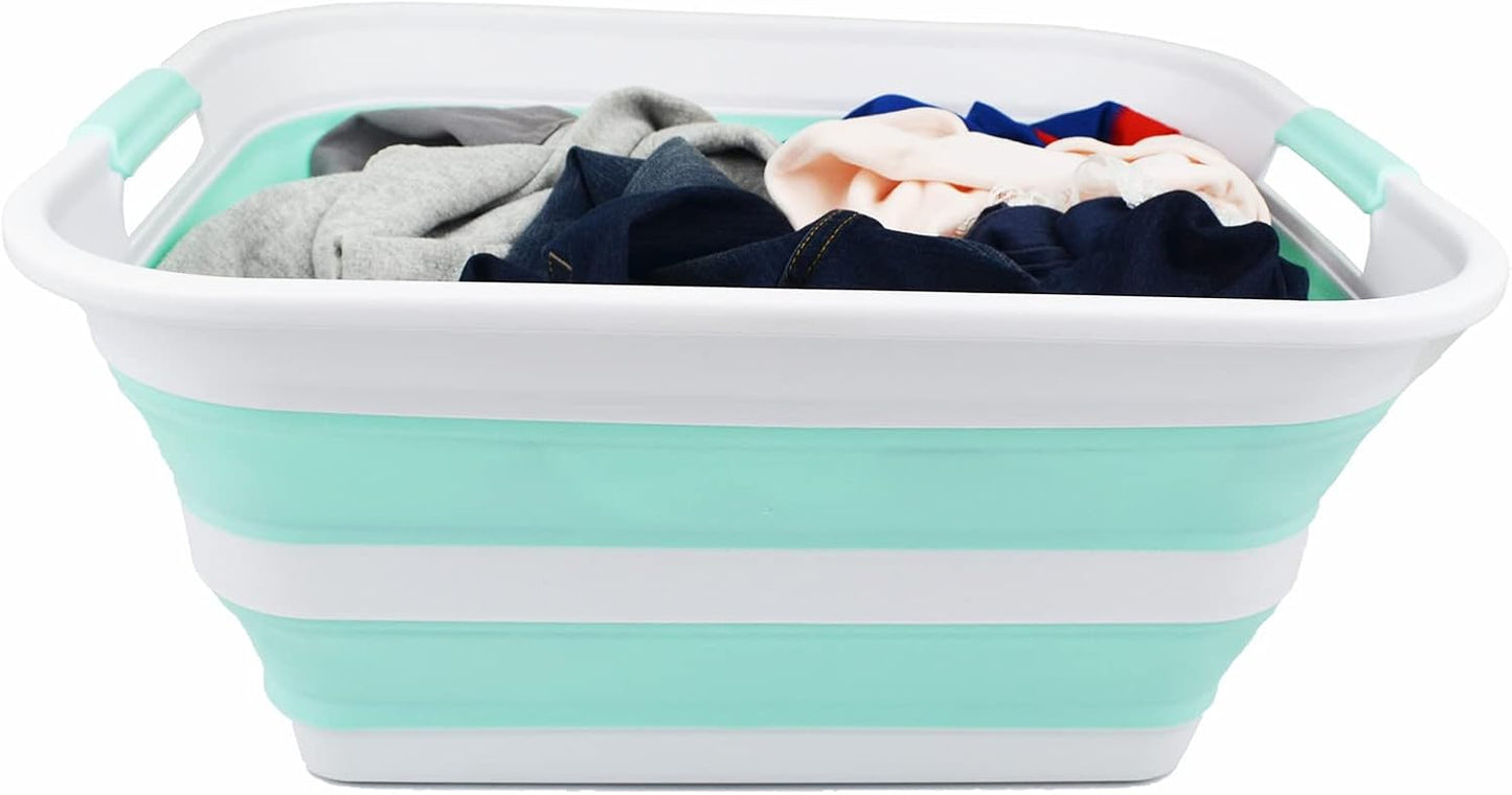 SAMMART 42L Collapsible Plastic Laundry Basket - Foldable Pop Up Storage Container/Organizer - Portable Washing Tub - Space Saving Hamper/Basket (White/Light Green, 1)
