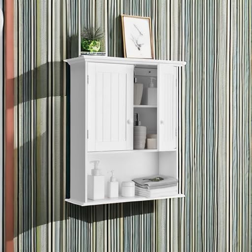 Tangkula Wall Mount Bathroom Cabinet Wooden Medicine Cabinet Storage Organizer with 2-Doors and 1-Shelf Cottage Collection Wall Cabinet (White)