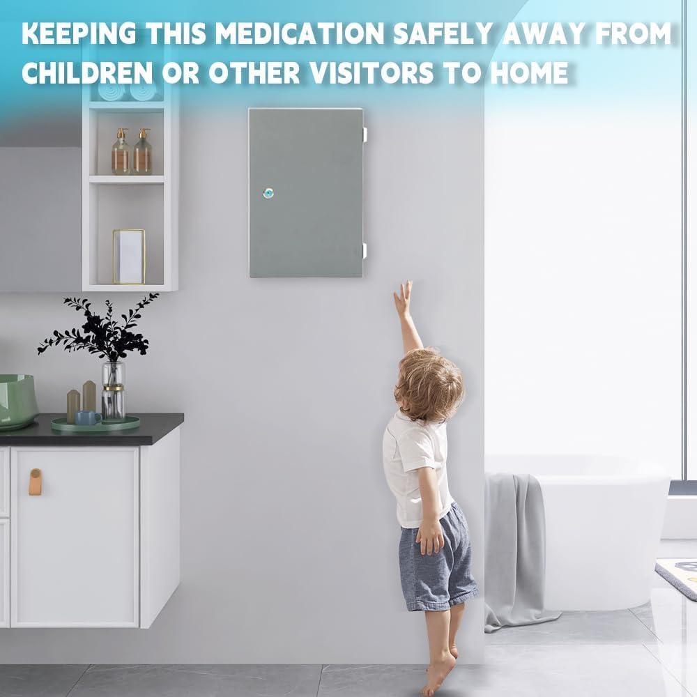 Yeeoy Wall Mounted Medicine Cabinet with Lock & Double Door, Locking Narcotics Safe, Secure Steel Drug Cabinet Steel First Aid Medical Lock Box for Home School Office