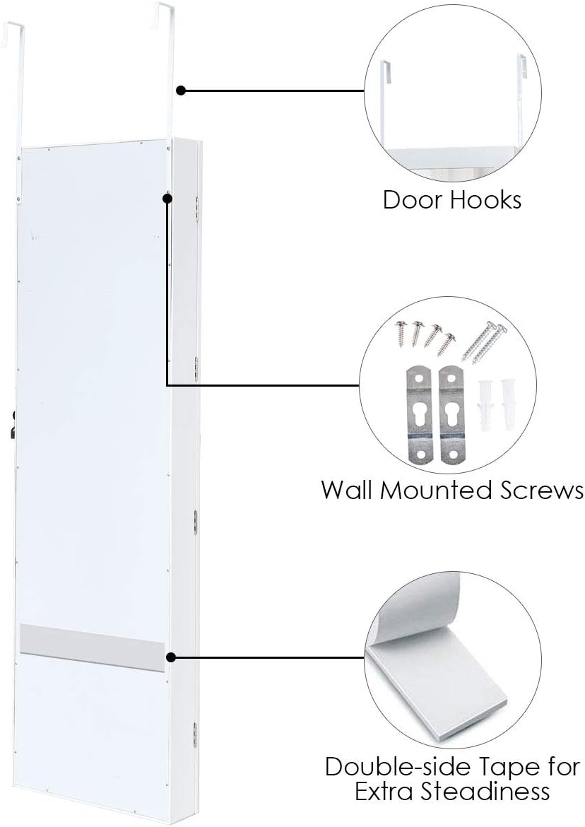 Giantex 15 LEDs Jewelry Armoire, Wall Mounted or Door Hanging, Lockable Jewelry Cabinet with Full Length Mirror, Large Storage Jewelry Organizer Box Armoire for Girls Women (14.5"W x 3.5"D x 47.5"H)