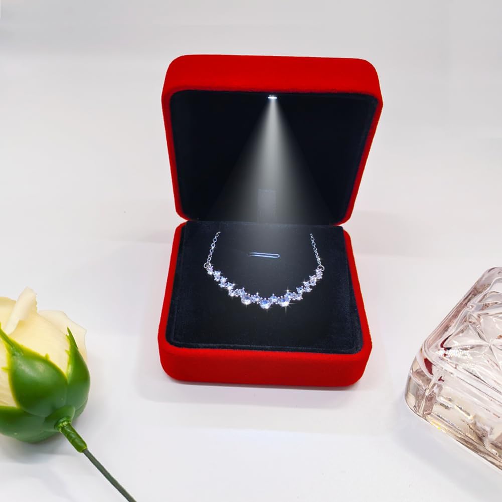 GBYAN Pendant Necklace Box with LED Light, Necklace Gift Box Velvet Jewelry Display Case for Proposal Engagement Wedding and Birthday,Red