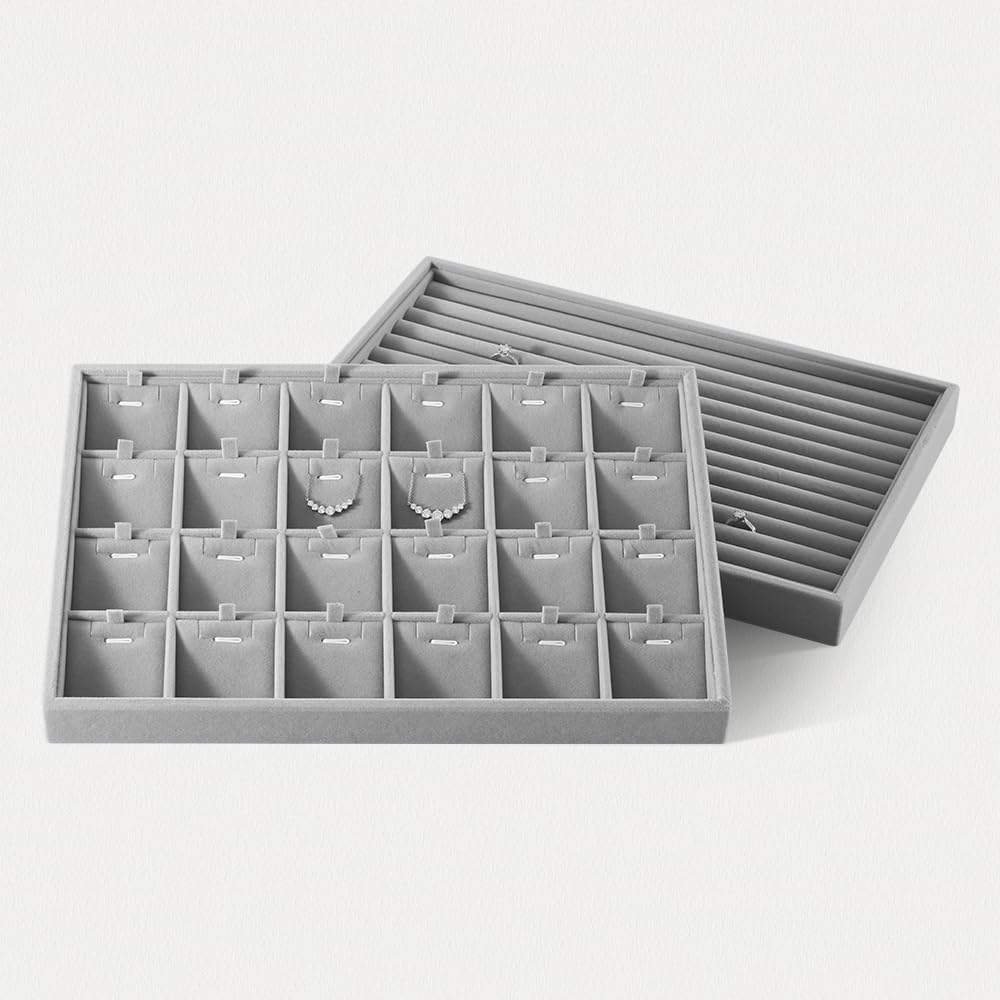 Velvet Necklace Display Tray, Stackable 24 Grid Insert Pendant Necklaces Storage Holder Plate, Jewelry Retail Countertop Organizer (Gray)