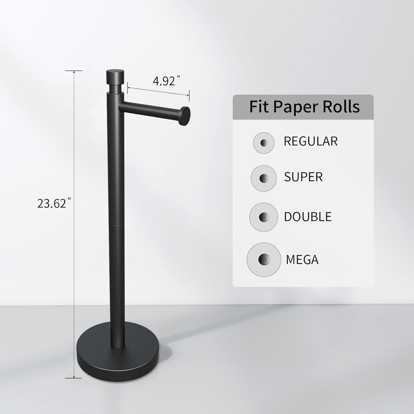 YUMORE Toilet Paper Holder Stand Freestanding, Weighted and Sturdy Matte Black Stainless Steel Design with Non-Slip Cap, Rustproof Tissue Roll Holder for Modern Bathroom, RV