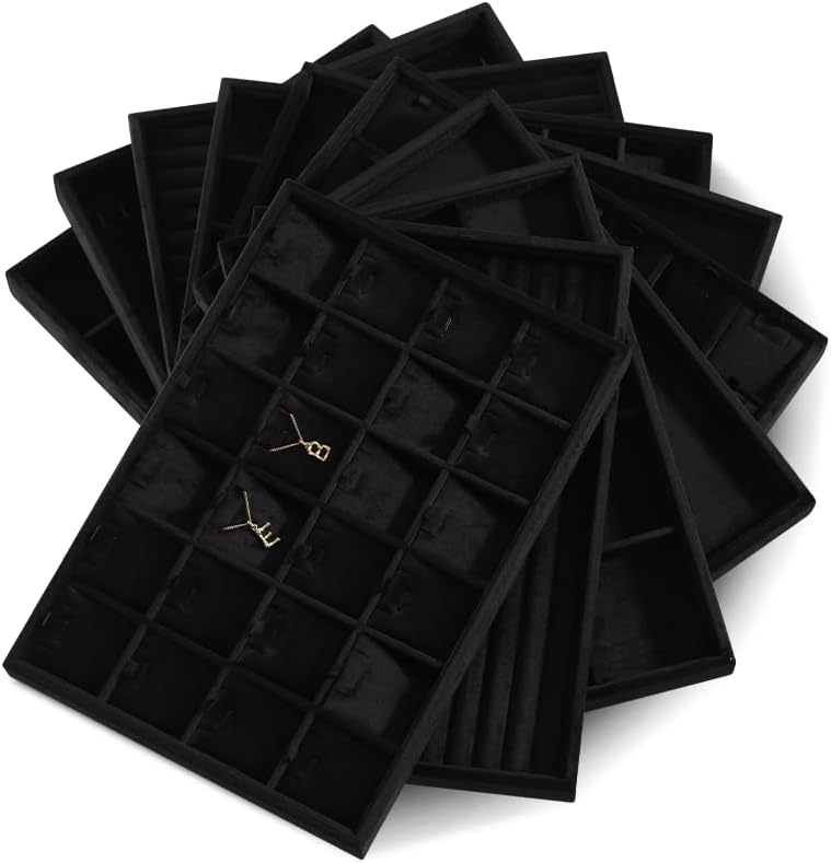 Velvet Necklace Display Tray, Stackable 24 Grid Insert Pendant Necklaces Storage Holder Plate, Jewelry Retail Countertop Organizer (Black)