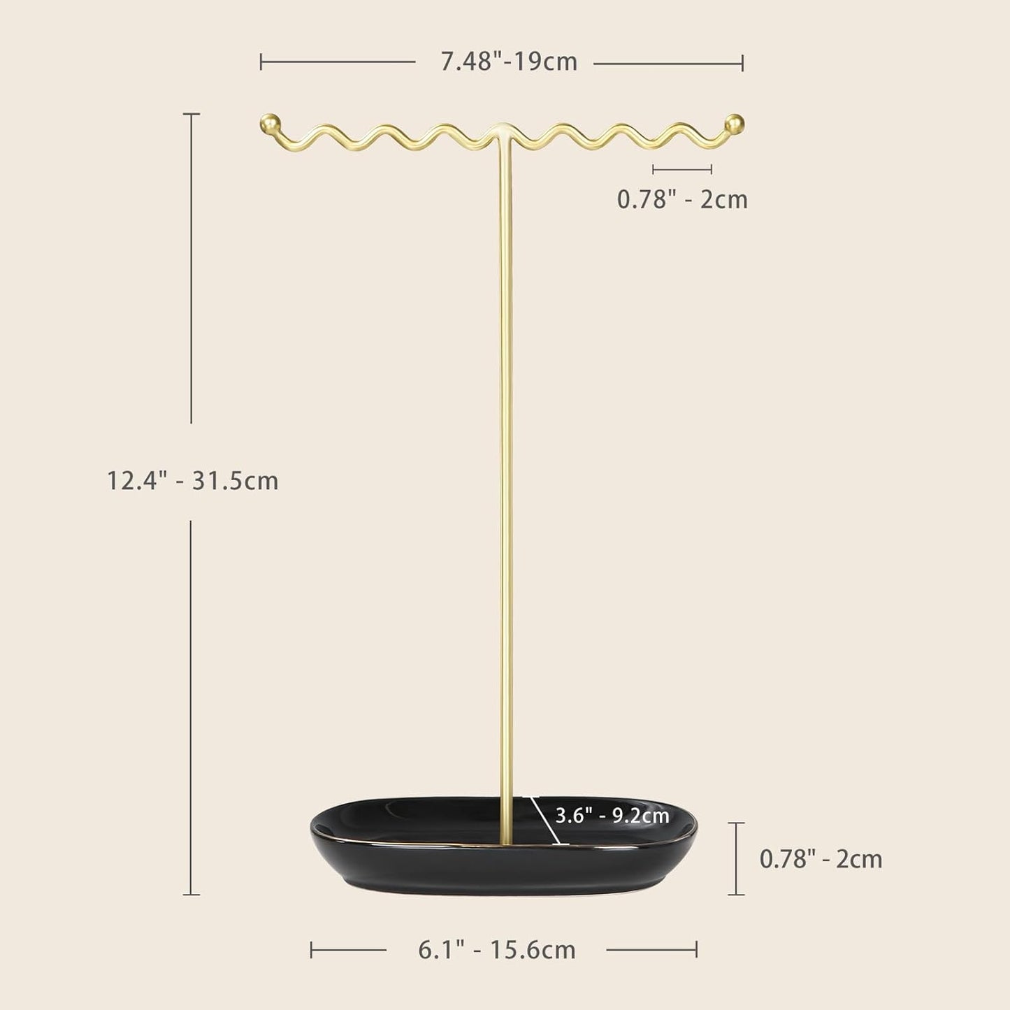 Elegant Jewelry Holder Stand: Metal Tree & Ceramic Tray Organizer for Necklaces, Rings, Earrings - Durable, Rustproof Display Holder Easy to Access Deluxe Black