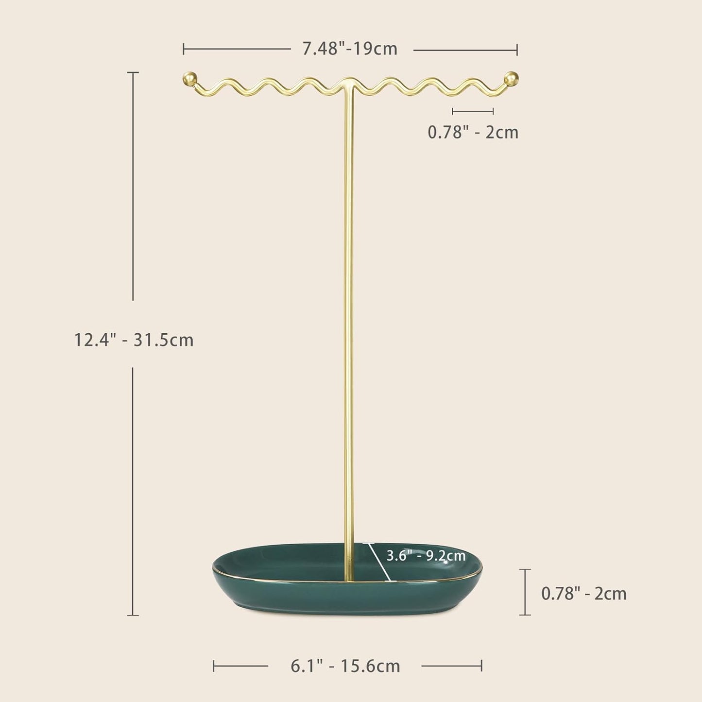 Elegant Jewelry Holder Stand: Metal Tree & Ceramic Tray Organizer for Necklaces, Rings, Earrings - Durable, Rustproof Display Holder Easy to Access Emerald Green