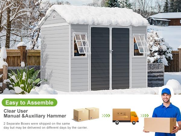 8x6 Shed, Heavy-Duty Outdoor Storage Shed with Floor, Waterproof Plastic Resin Garden Shed for Backyard, Tool Storage with Lockable Double Doors Awning Windows