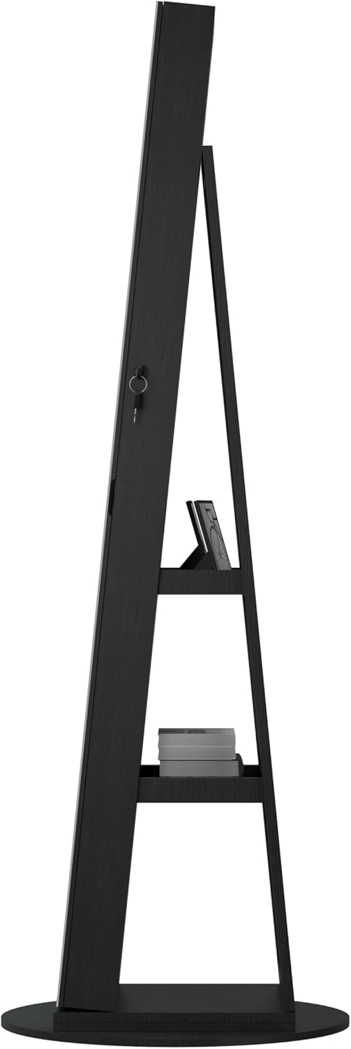 Montary 360° Rotating Jewelry Cabinet with Full-Length Mirror - Freestanding Jewelry Armoire with Lockable Storage, Built-In Lighted Mirror & Back Display Shelves, Black