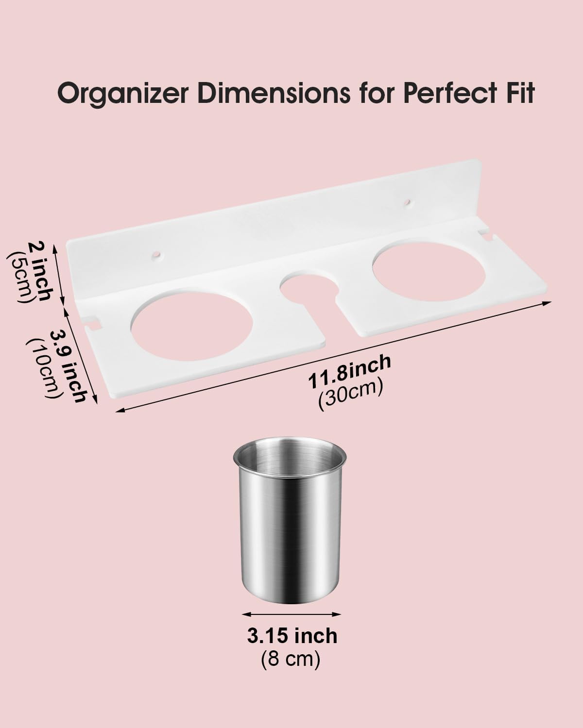 Hair Tool Organizer, Hair Dryer Holder with Heatproof Steel Cups, Acrylic Vanity Organizer for Curling Iron, Flat Iron & Hair Brushes, Perfect for Bathroom (White, Compact)