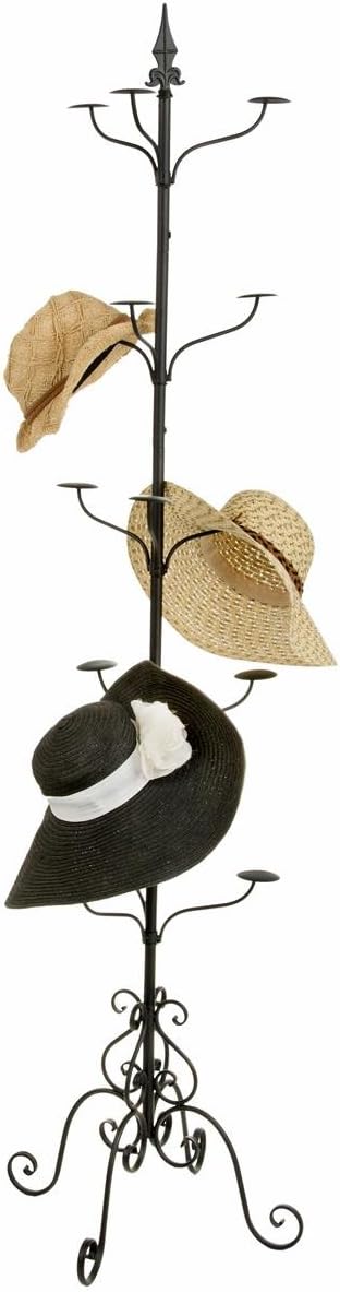Displays2go Wrought Iron Hat and Coat Rack, Rotates, Total of 31 Hooks, Multi-Tiered, Black, 73" H x 20" W x 20" D