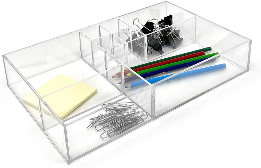 Isaac Jacobs 8-Compartment Clear Acrylic Drawer Organizer (13" L x 8.1" W x 2.3" H), Multi-Sectional Tray & Storage Solution for Makeup, School & Office Supplies, Bathroom, Kitchen