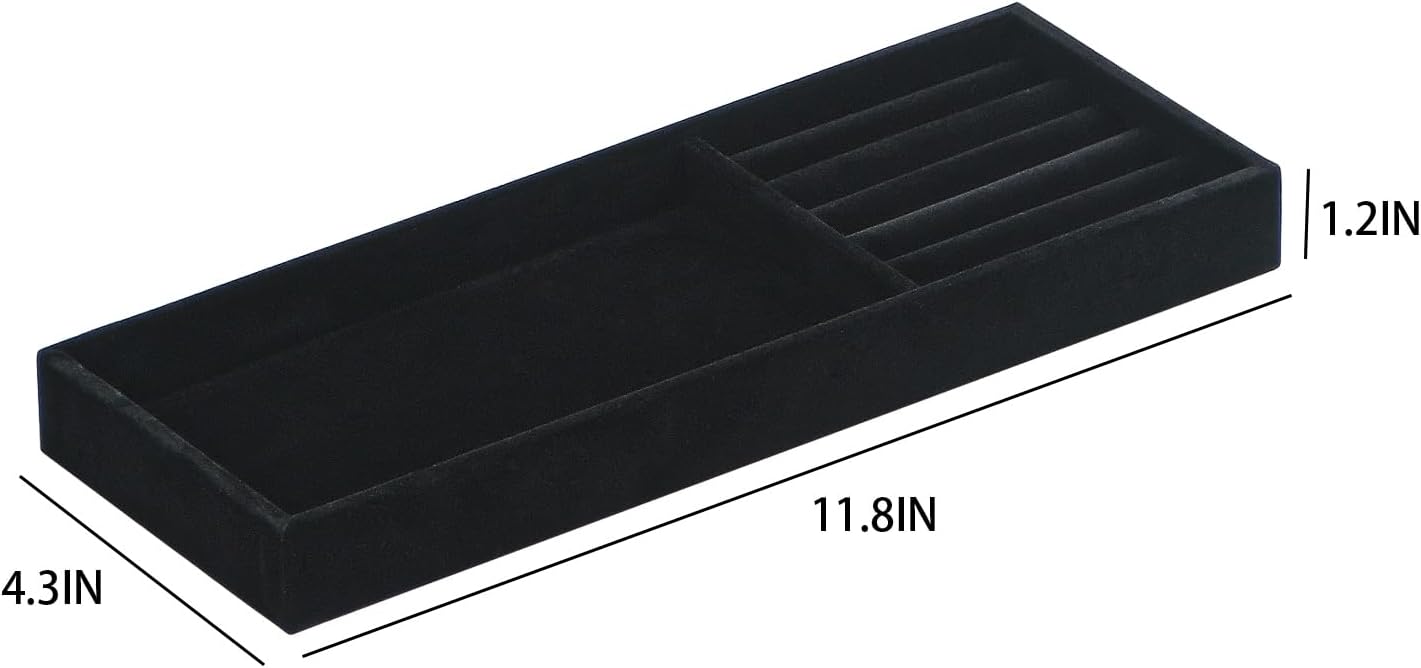 2Pcs Desk Drawer Storage Tray, Nightstand Organizer Tray, Necklace Bracelet Ring Earring Jewelry Display Tray, Grid Table Organizer Holder Tray for Sunglass, Phone, Watch, Perfume (2 grid)/Black