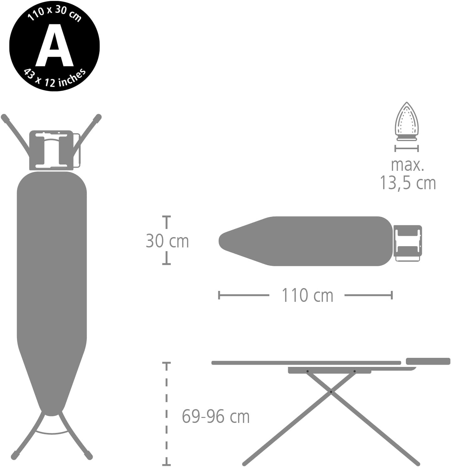 Brabantia Size A Compact Small Ironing Board (43x12 in) 7 Height Options, Adjustable Steam Iron Rest Holder (Fresh Breeze) Non-Slip Feet, Anti-Collapse Child Locks
