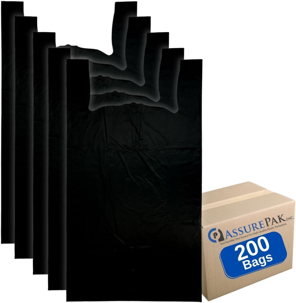 ASSUREPAK JUMBO Black Unprinted HDPE T-Shirt Bags - 20"X10"X36" - 100 Bags - 22 Microns - Black - Perfect for retail, business, market, home, at the farmer's market