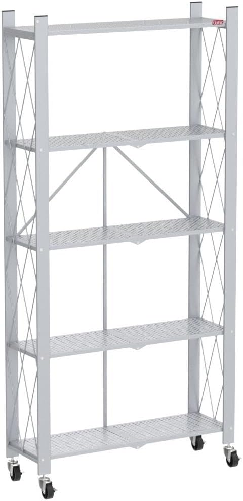 DEANIC 5 Tier Foldable Storage Shelves with Wheels, Large Capacity Shelving Unit, Freestanding Metal Wire Shelf Rack, No Assembly Organizer Rack for Garage Kitchen, Basement, Pantry(White)