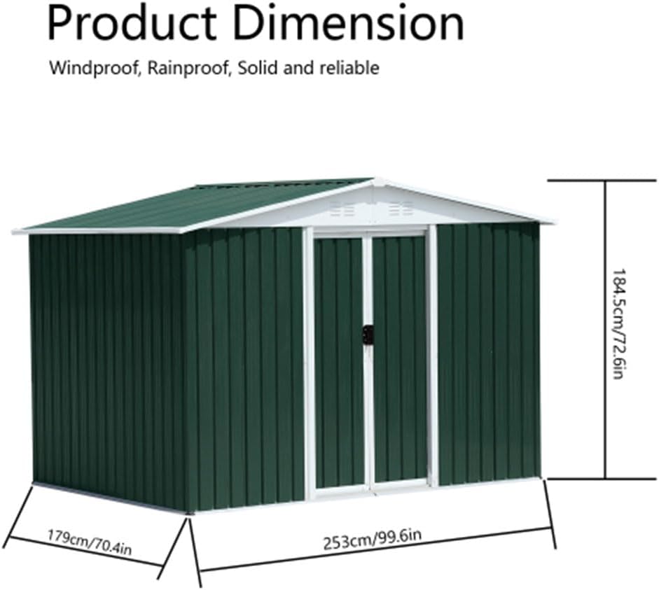 8' x 6' Outdoor Metal Storage Shed Outdoor Shed Galvanized Steel Garden Shed with Sliding Door and Window for Ventilation Storage Sheds House for Backyard Garden(Green)