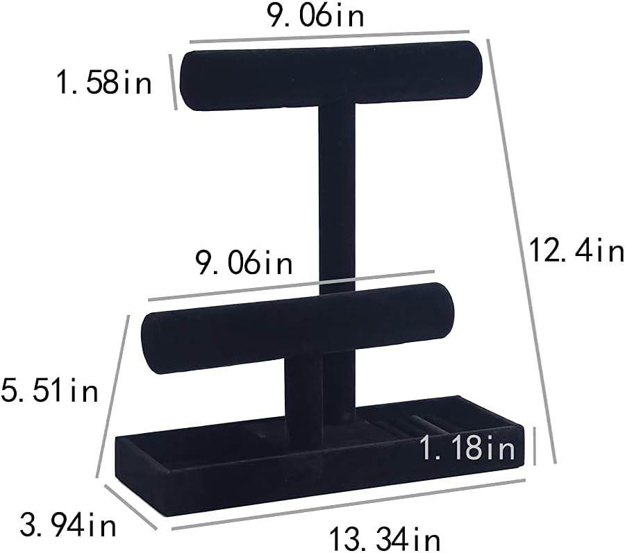 Coward 2 Tier Necklace Bracelet Holder Organizer With ring Tray, Multi-use Jewelry Display Stand For Necklace Bracelet Bangle Watch Scrunchie (Black/no Lid)