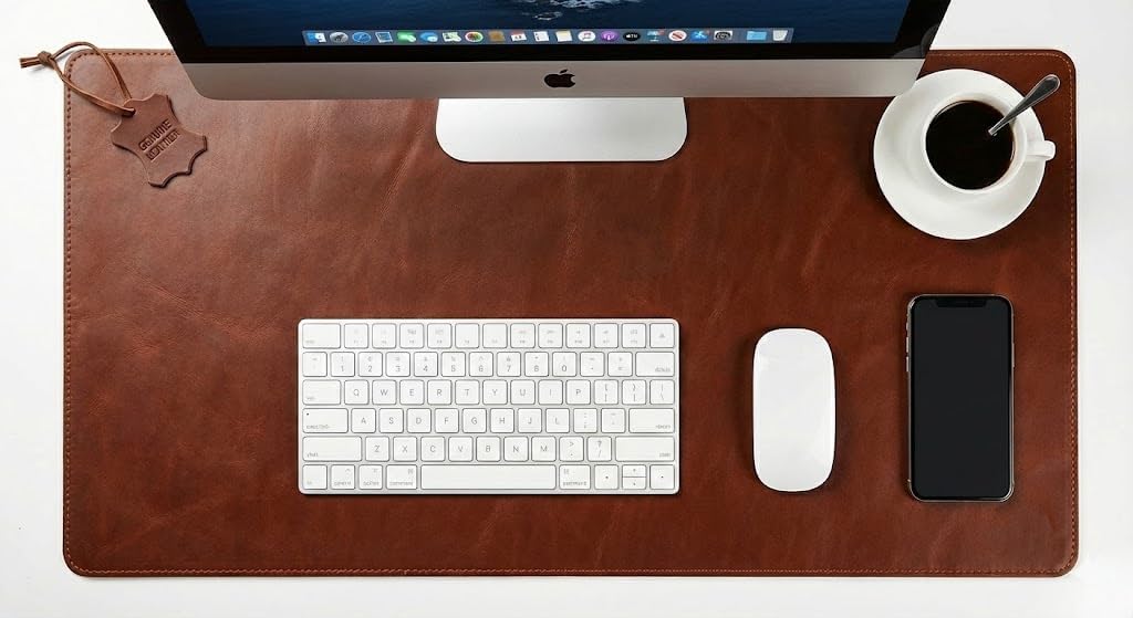 Premium Genuine Leather Desk Mat 31.5" x 15.8" Thick Office Desk Pad with Stitched Edges, Non Slip Rubber Base Large Laptop & Writing Table Pad (Dark Brown)