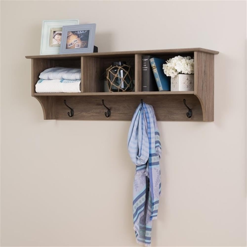 Prepac Drifted Gray 48" Contemporary Wall Mounted Coat Rack, Coat Hooks Wall Mount with 3 Shelves, Ideal for Hallway or Entryway Storage Solution, 11.5"D x 48"W x 14.25"H