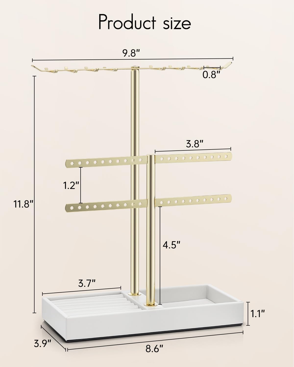 Vlando 2 Tier Jewelry Stand Organizer with Tary, Leather Jewelry Holder Display for Women, Gold Jewlery Holder Stand for Necklace, Earring, Bracelet, Rings - White