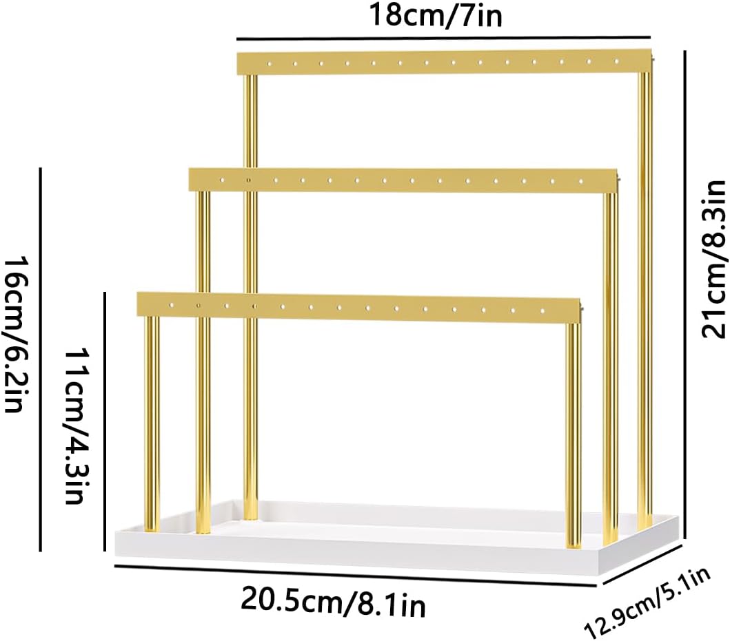 3-Tier Earring Organizer Holder Stand, Metal Jewelry Stand with Tray for Earring Display, 42 Holes Metal Earring Storage Tower Rack for Women Girls Home Use (Gold)