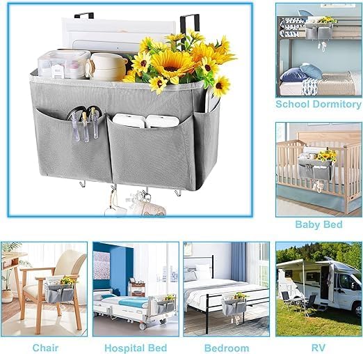 Bedside Storage Organizer 5 Pockets with 4 Hooks Hanging Storage Bag for Headboards/Bunk Bed (2Pack Grey)