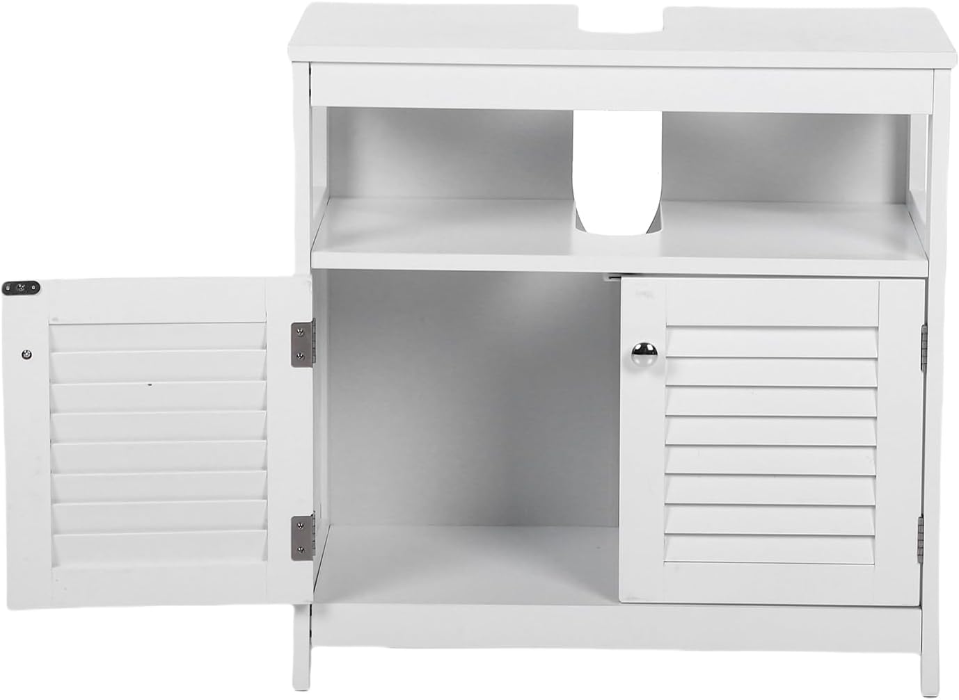 U-Shaped Under Sink Storage Cabinet with 2 Doors & Open Shelf, Freestanding Bathroom Vanity Organizer for Pedestal Sink, Water-Resistant MDF Cabinet for Toiletries & Cleaning Supplies, White