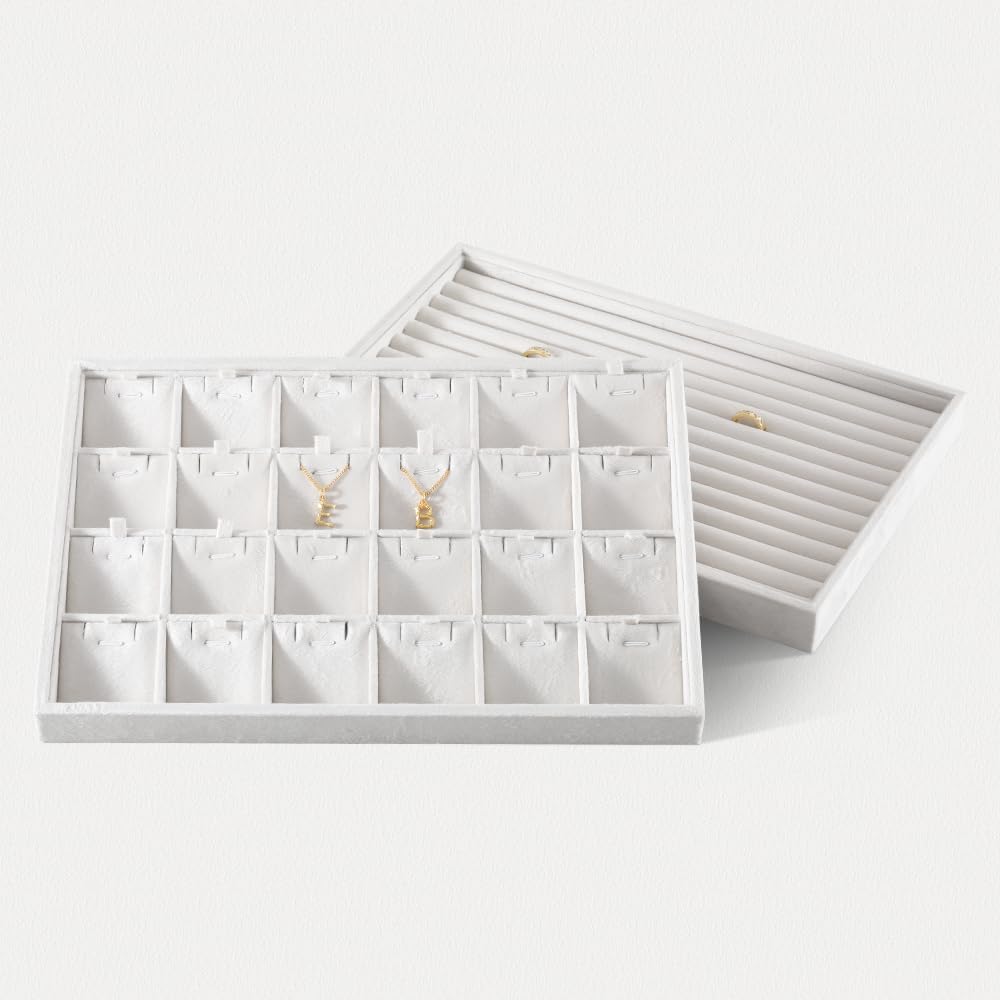 Velvet Necklace Display Tray, Stackable 24 Grid Insert Pendant Necklaces Storage Holder Plate, Jewelry Retail Countertop Organizer (White)