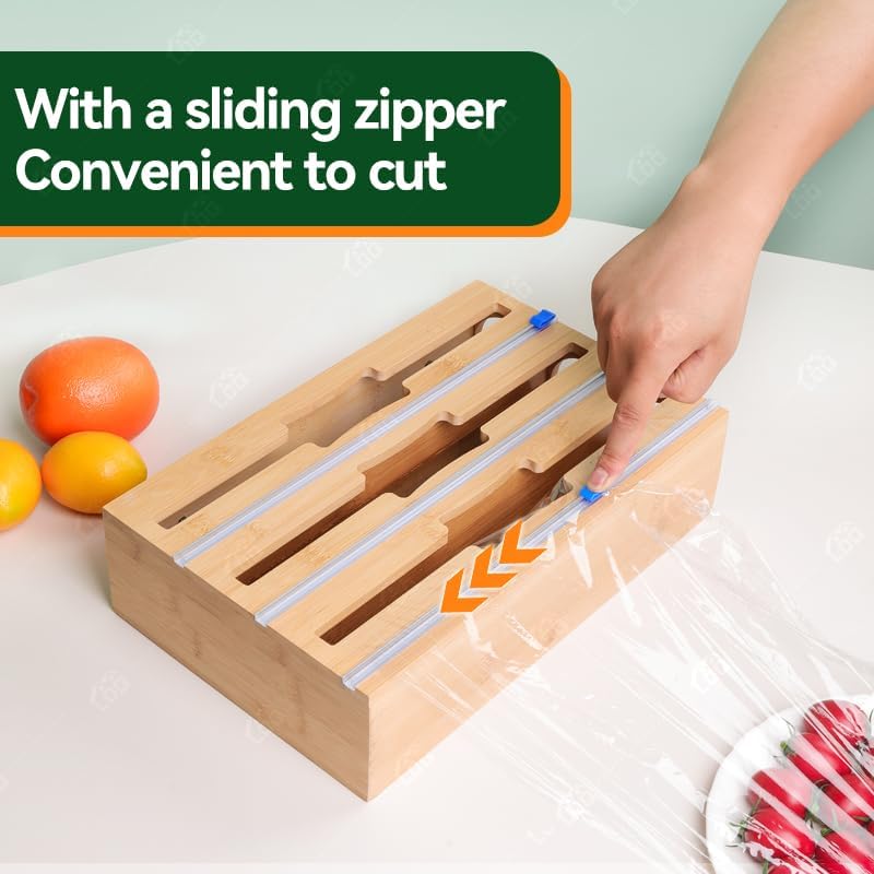 LDQ 9-in-1 Shatterproof Square Bamboo Storage Box - Aluminum Foil Dispensr with Cutter, Reusable Quarter Multi-Functional Sealed Bag Organizer for Kitchen Drawers, Walls, and Cabinetse