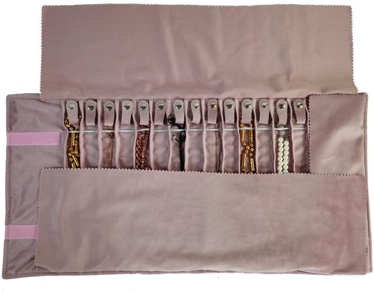 Portable Jewelry Roll Untangled Secure Necklace Travel Storage Bag Displays Holder 16 Chain (Embroidery Pink Velvet)