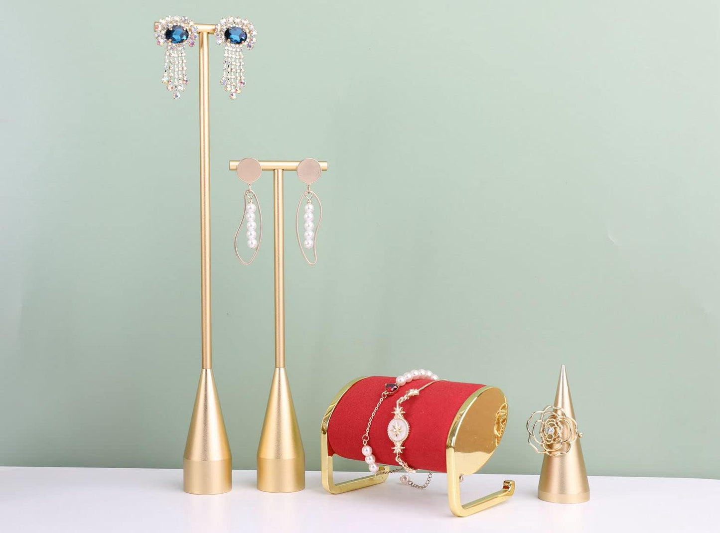 GemeShou 2pcs Gold earring display T bar stand, Big jewelry earring holders for Boutique Store, Jewelry holders high enough for long earring necklace【Gold-2pcs Height 7.9" and 11"】