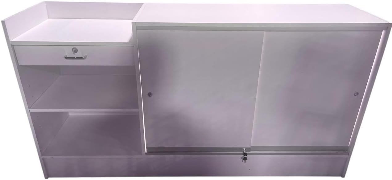 Only Hangers Register Stand with Counter Space and Retail Glass Showcase Display - with LED Lights - 72" (White)