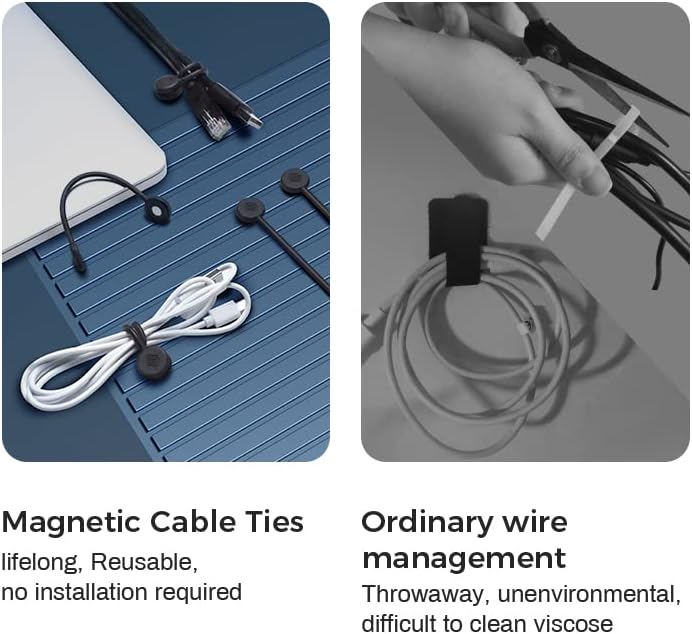 EUREKA ERGONOMIC Magnetic Cable Ties Reusable, 10 Pack Rubber Twist Ties with Strong Magnet for Bundling and Organizing Wire/Cord, Cable Management Clips under Desk Used in Many Ways, Black